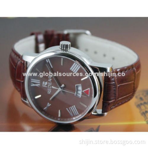 Stainless steel watch with genuine leather band for men, good quality, REDEAR, made in China